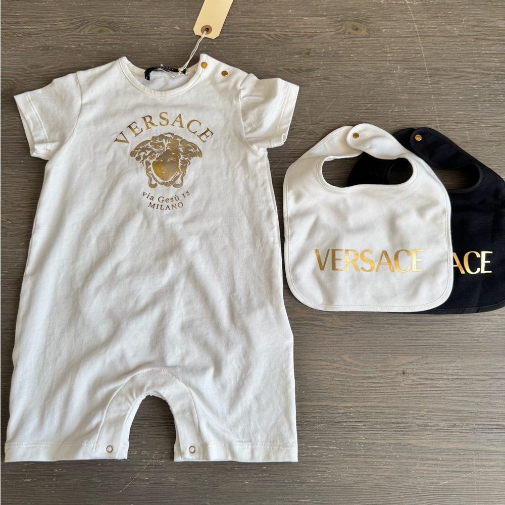 Versace White and Black Logo Baby Onsie and Bibs 12/18 Mo